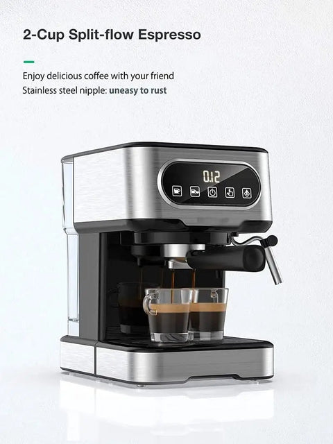 Heavy Duty 20 Bar Coffee Machine With Independent Steam Frother For Silky Lattes And Creamy Cappuccinos Auto Temp Regulation and Pressure Relief Valve Guarantees Your Daily Grind Stays Legit Smooth brewing two espresso shots in glass mugs.