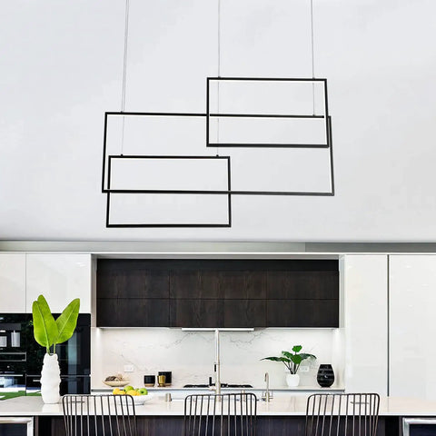 Contemporary LED Square Pendant Light Chandelier In Black, 36-Inch, above kitchen island, modern fixture.