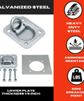 Recessed Pan D Ring Floor Tie Downs Four Pack For Cargo Trailers And Truck Beds 6000 Lbs Breaking Strength, shown with hardware.