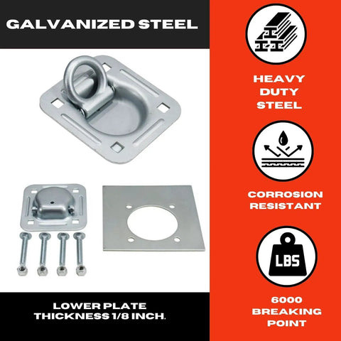 Recessed Pan D Ring Floor Tie Downs Four Pack For Cargo Trailers And Truck Beds 6000 Lbs Breaking Strength, shown with hardware.