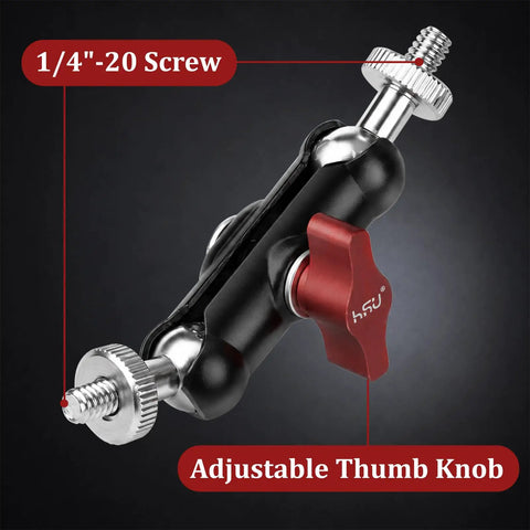 Dual Ball Head Magic Arm For Rock Solid Camera Gear With Universal One Quarter Inch Screws On Both Ends Fits DSLR And Mirrorless Cages, 1/4-20 screws, red thumb knob