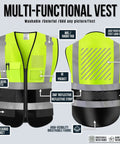 Hella High Visibility Safety Vest Featuring Fully Customizable Team Logos And Heavy Duty Reflective Strips, front and back view showcasing pockets.