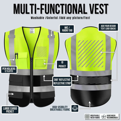 Hella High Visibility Safety Vest Featuring Fully Customizable Team Logos And Heavy Duty Reflective Strips, front and back view showcasing pockets.