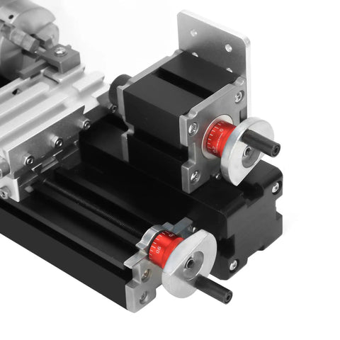 Close-up of Jiawu Mini Metal Lathe Machine 24W High Speed 20000 RPM components showing precision scale for accurate adjustments.