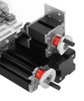 Detailed view of Garosa Mini Metal Lathe High Precision 20K RPM Turning Machine components and adjustment knobs.