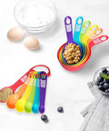12 Piece Measuring Cups And Spoons Set Colorful Kitchen Tools for Quick Prep on a countertop with ingredients visible