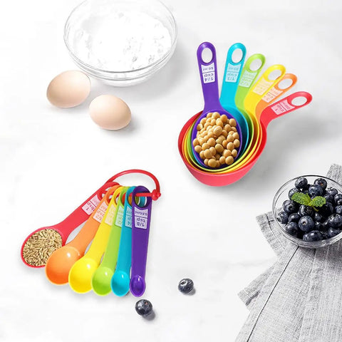 12 Piece Measuring Cups And Spoons Set Colorful Kitchen Tools for Quick Prep on a countertop with ingredients visible