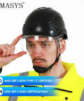 Person wearing black hard hat with visor and ear muffs, appears similar to Pink Hard Hat With Visor And Ear Muffs Adjustable ABS Construction Helmet
