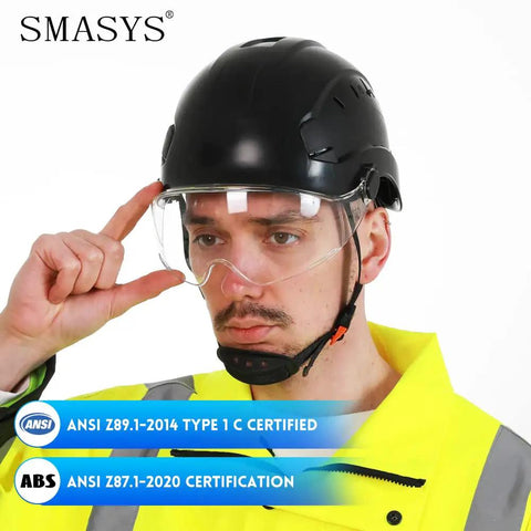Person wearing black hard hat with visor and ear muffs, appears similar to Pink Hard Hat With Visor And Ear Muffs Adjustable ABS Construction Helmet