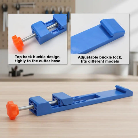 Beast Mode Adjustable Base Guide For Electric Circular Saws And Track Rail Saws, blue clamp with orange knob, on a wooden table.