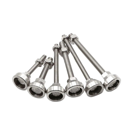 Set of six heavy duty M10 threaded bolts with anti-vibration bases, designed for Heavy Duty Adjustable Furniture Leveler Pads.