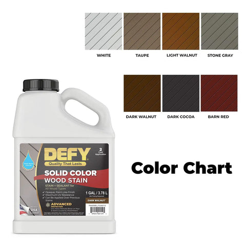 Color chart with a container of Solid Color Wood Stain For Decks And Fences UV Resistant Opaque Finish That Hides Imperfections Long Lasting Exterior Paint With Zinc Nano UV Protection 1 Gallon.