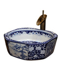Handcrafted Blue And White Ceramic Vessel Sink With Zero Absorption Glaze Heavy Duty Build For Daily Use Knockout Countertop Basin showing an octagonal design.