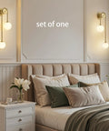 Bedroom view with Dope Gold Double Ball Glass Wall Sconce Mid Century Modern Living Room Bedroom Hallway Light With Up Down Left Right Mount G9 Multicolor Bulb Included Minimalist Single Fixture For Bathrooms Stairs Corridors.