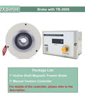 Pro Grade Thin Magnetic Powder Brake Tension Controller Kit For Unwinding Systems With Hollow Shaft 1500rpm Heavy Duty Torque Options 3 6 12 25 50 100 Nm DC 24V Bag Machine Ready Includes TB200S Brake Module product image showing components and package list