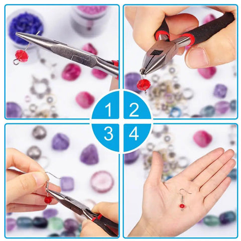 All In One Jewelry Making Kit With Tools, Wires And Findings For Beading, Jewelry Repair And DIY Projects, Beginner Friendly Craft Set With Pliers, Clasps, Jump Rings, Beads And More, shown in use with pliers and beads.