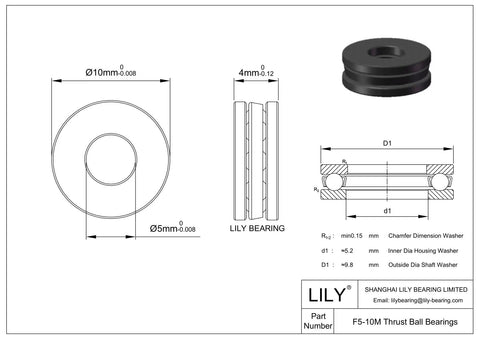 Technical diagram of Compact 5x10x4mm Thrust Ball Bearing Set, 3 Part Separable Assembly in Chrome Steel, with dimensions