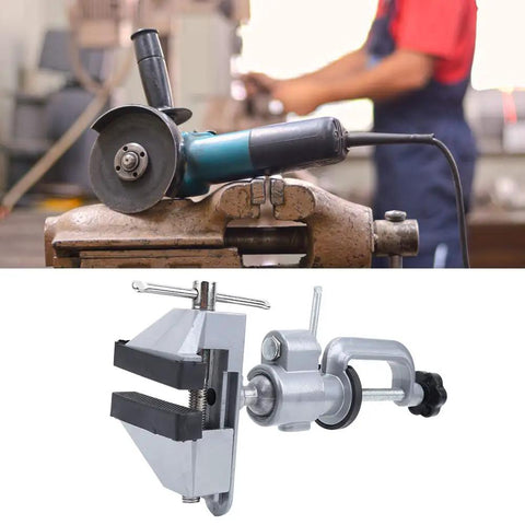 Beefy Aluminum Electric Drill Stand For Drill Press Use, Vertical Mount holding electric grinder on workbench in workshop