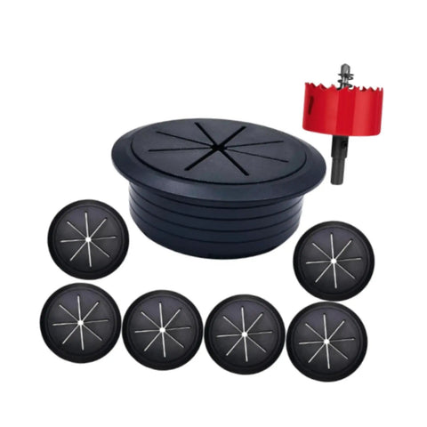 Black TV Cord Hider Kit With 2-38 Inch Cable Concealer And Grommet For Conference Tables, Easy Wire Tidy Setup To Hide Messy Cords And Keep Your Space Sleek And Super Clean Today. Black PP cable grommet kit with 60mm hole saw and six inserts