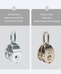 Comparison of 304 stainless steel and ordinary steel pulleys, showing benefits of Beefy Double Wheel Swivel Pulley Block M20 for lifting.