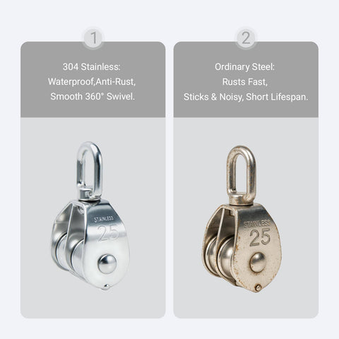 Comparison of 304 stainless steel and ordinary steel pulleys, showing benefits of Beefy Double Wheel Swivel Pulley Block M20 for lifting.