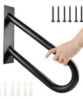 Hand holding Sturdy 18 Inch Outdoor Stair Handrail For 1 To 2 Steps, Black U Shaped Wall Mount Grab Bar, screws and anchors shown