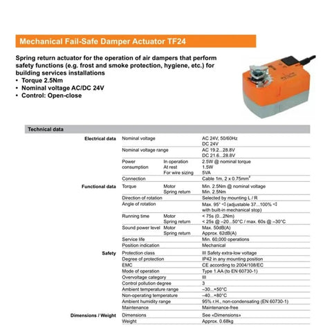 Rock Solid Tf24 S Hvac Ventilation Damper Actuator technical data overview with specifications, features, and safety details.