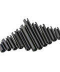 Slotted Spring Pins M16x30 100mm Black Carbon Steel Pack Of 60 for gear and wheel retention, shown in various sizes on white background.