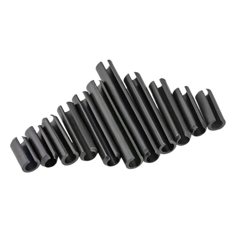 Slotted Spring Pins M16x30 100mm Black Carbon Steel Pack Of 60 for gear and wheel retention, shown in various sizes on white background.