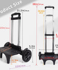Transformable Backpack Trolley Cart with aluminum alloy frame, two large tank wheels and detailed size dimensions shown in image.