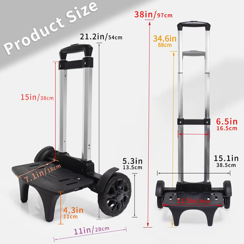 Transformable Backpack Trolley Cart with aluminum alloy frame, two large tank wheels and detailed size dimensions shown in image.