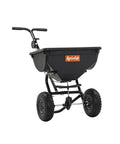 85 Pound Push Deluxe Broadcast Spreader with rustproof poly hopper and 10-inch tires for seed and fertilizer application