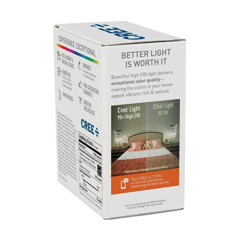 Exceptional Series A19 Dimmable LED Bulb 2700K Soft White packaging with product info and comparison chart