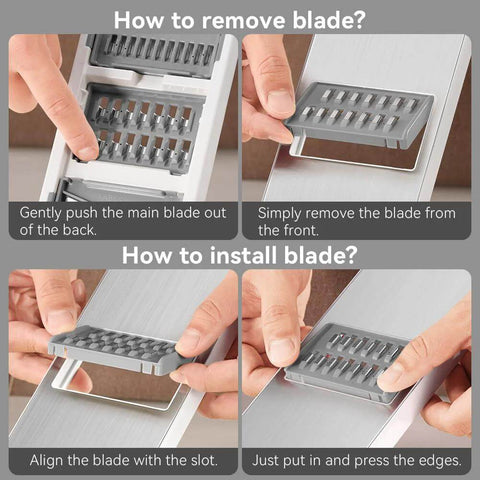 KEOUKE mandoline slicer with stainless steel surface and 6 blades; blade removal and installation guide collage