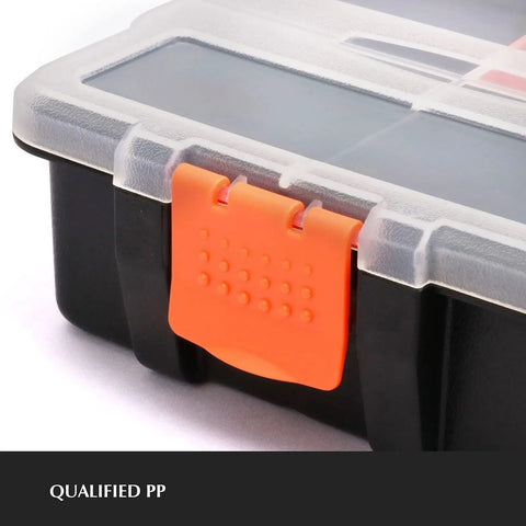 Close-up of Rugged Tool Organizer Box with translucent lid and orange latch, shock resistant and waterproof ideal for pros