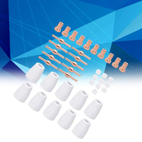 Plasma Cutter Consumables Kit With Cups Electrodes Ring Tips And Accessories For CT312 CUT50 on a blue abstract background