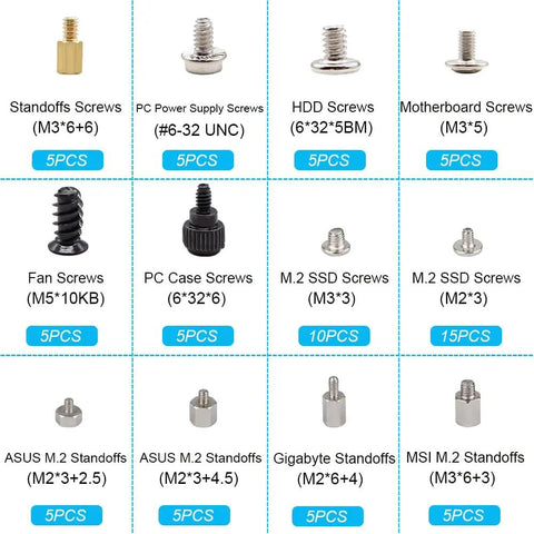 Heavy Duty M2 Standoff And Screw Kit Compatible With Asus Gigabyte Asrock Msi Motherboards for various screw types and sizes.