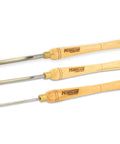 Pro Grade Three Piece Spindle Gouge Set For Woodturning with beech handles, featuring 1/4, 3/8, and 1/2 inch flutes.