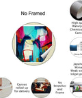 Unframed modern canvas decor with colorful abstract design, highlighting no stretcher, inkjet printing, rolled for delivery.
