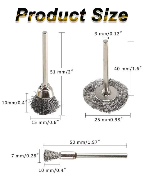 Product size and types of 300 Pack Pen Style Wire Brush Set For Rotary Tools With Steel Wire Wheels for Rust Removal and Polishing.