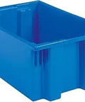Blue plastic storage tote for garage with visible depth. Six Pack Nest And Stack Blue Plastic Storage Totes For Garage Organization.