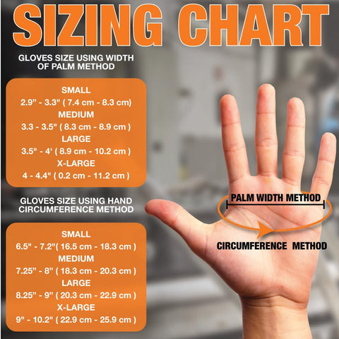 Sizing chart for Tough As Nails Eight Mil Orange Nitrile Work Gloves With Raised Diamond Texture showing dimensions for various sizes.