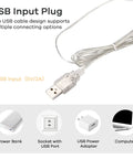 USB connection for LED Vanity Lights for Mirror Hollywood Style Strip showing power bank, socket, adapter, and computer options