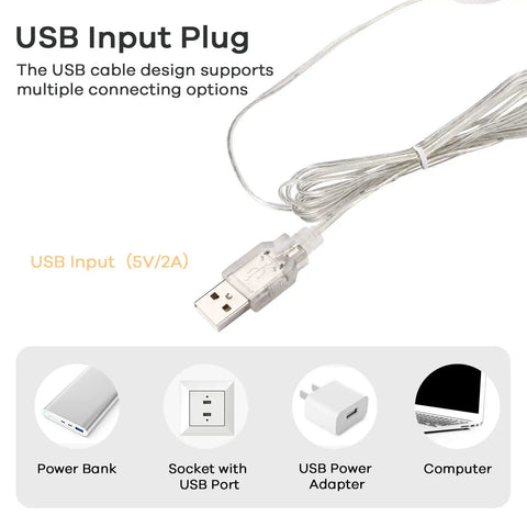 USB connection for LED Vanity Lights for Mirror Hollywood Style Strip showing power bank, socket, adapter, and computer options