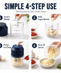 Cordless Electric Garlic Chopper And Mini Food Processor 400Ml Blue With Six Stainless Steel Blades Quick Chopping For Onions Ginger Herbs Easy Meal Prep Handheld Kitchen Gadget No Mess Recipe Helper showing 4 simple steps to use.