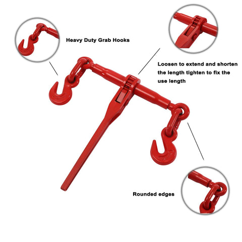 Heavy Duty Tie Down Kit With 5/16 To 3/8 Inch Chains And Ratchet Binders, 5400 Lbs Safe Working Load, G70 hooks, red ratchet binder