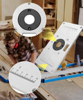 Top Shelf Aluminum Router Table Insert Plate For Butter Smooth Woodworking Cuts No Sweat Install Totally Bulletproof Build Shiny Silver Finish close-up with measurement scale.