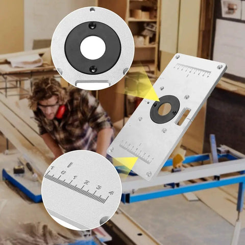 Top Shelf Aluminum Router Table Insert Plate For Butter Smooth Woodworking Cuts No Sweat Install Totally Bulletproof Build Shiny Silver Finish close-up with measurement scale.