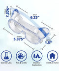 Dimensions of kid friendly safety goggles for science and school projects, lightweight protective eyewear for chemistry experiments, splash and dust proof eye protection, comfortable all day fit for students, meets ANSI Z87.1 standards