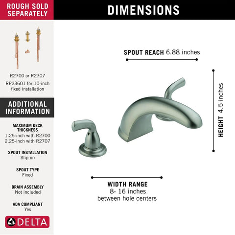 Roman Tub Faucet Trim Kit With 2 Handle Operation In Stainless Finish With dimensions for 3 Hole Installation